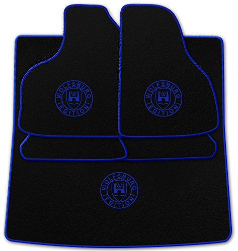 Autoteppich Stylers (Mit Farbauswahl Q100) Passform Auto Fußmatten + Kofferraumteppich mit Druck Wolfsburg Edition (WOB) und Rand in Royalblau für VW Polo 6N2 Baujahr 1999-2001