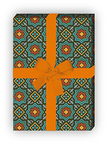Kartenkaufrausch Orientalisches Geschenkpapier Set mit Sternen Mosaik, grün, als edle Geschenk Verpackung, Designpapier, scrapbooking, 4 Bogen, 32 x 48cm