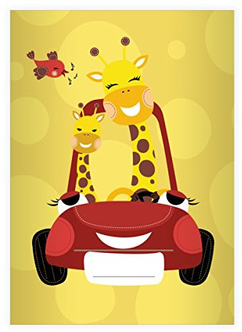 Kartenkaufrausch 4 Fröhliche Giraffen DIN A4 Schulhefte, Schreibhefte mit Comic Giraffen im Auto in gelb Lineatur 25 (liniertes Heft)