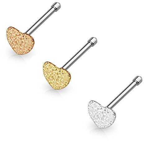 Paula & Fritz® sandgestrahltes Herz Nasen-Piercing Nasenpiercing-s Nose für Nasenfluegel als Nasenschmuck Nasenstecker Nostril Edelstahl Chirurgenstahl 6mm Set lang Gold roségold Silber