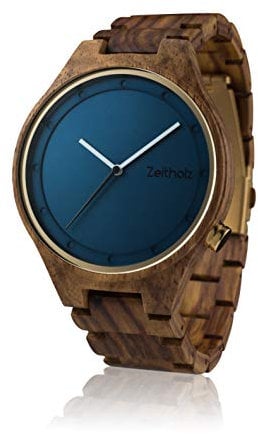 Zeitholz Holzuhr Herren, für Herren, Armbanduhr, Holzuhren Stolpen Kollektion, Analog, 44mm, 100% Naturholz mit Japanischem Quarzwerk (Blau)