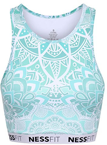 Nessfit® Damen Fitness Sport BH Training Tight Cropped Top Printed Compression Gym Tank Top Yoga Gepolstert XS S M L Gr. S, Mandala Mint BH