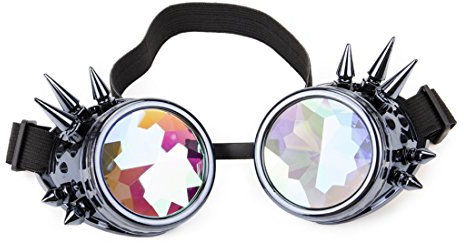 FLORATA Kaleidoscope Regenbogen-Steampunk-Brille, Kristallgläser, Schweißen, Augenschutz, Vintage-Brille Gr. Einheitsgröße, Blau / Schwarz (Spikes)