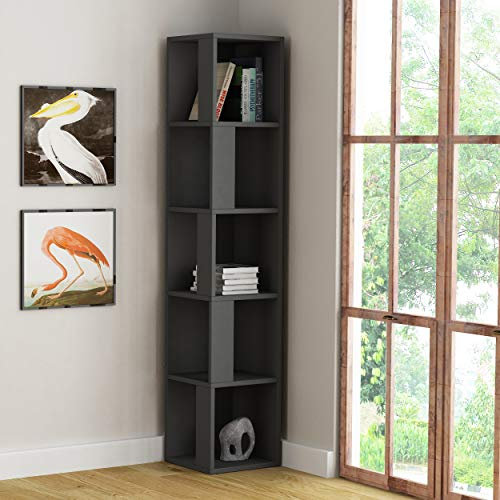 HOCUS PICUS | Modern Piano Eck-Bücherregal mit 5 Ebenen | Platzsparendes Holzregal für Wohnzimmer, Büro und Schlafzimmer | 31,4 x 31,4 x 158,9 cm | Anthrazit Grau