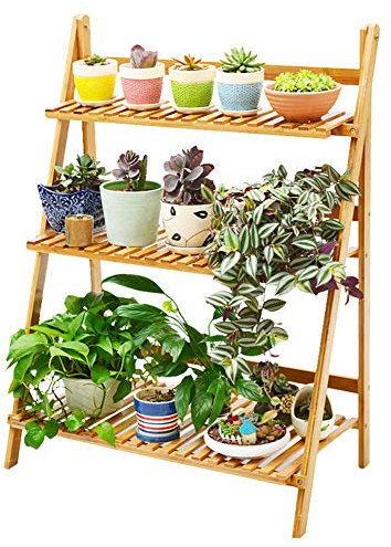 Q&Z Pflanzenregal Blumenregal,100x40x96cm BlumenstäNder Bambus Pflanzentreppe Blumentreppe Faltbar Blumen Rack Platzsparend Balkon Innen Outdoor Garten Dekor