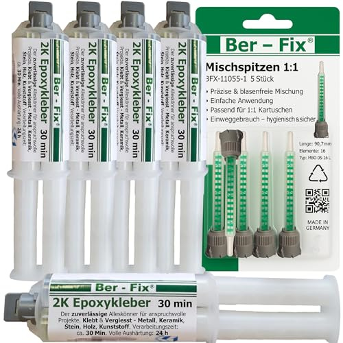 Ber-Fix 2k Glue - Epoxy Resin Glue 30 Minutes Real Epoxy Adhesive 2 Components Adhesive Plastic Metal Glass Stone Concrete Wood 5 x 25 g Syringe 1:1