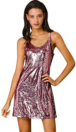 Allegra K Damen Paillettenkleid Ärmellos V-Ausschnitt Party Spaghetti Trägerkleid Glitzer Metallic Minikleid Hell-Pink S