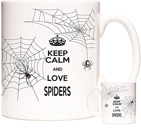 Taza de café con diseño de araña, diseño de arañas en telarañas y eslogan en una taza de té de cerámica blanca.