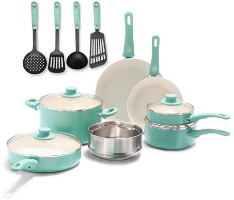 GreenLife Soft Grip Healthy Ceramic Nonstick 15 Piece Kitchen Cookware Pots and Pans Set, Includes Frying Pan Skillets Sauce and Casserole, Induction, PFAS-Free, Oven Safe, Turquoise