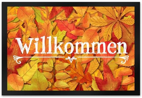 speecheese Fußmatte XL in 40x60 cm mit schönen Herbstblättern und Schriftzug - Willkommen schöner Fußabtreter mit Herbstmotiv und gefallenen Blättern im Hintergrund Dekoration für Oktober