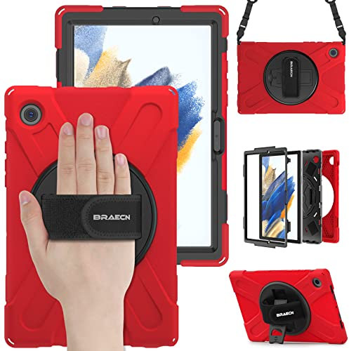 BRAECN Funda para Samsung Galaxy Tab A8 2022 10.5 Pulgadas (SM-X200/X205/X207), Carcasa Rugosa con Soporte de Rotación de 360°, Correa de Mano/Hombro, Carcasa Antichoque para Tab A8 10.5, Rojo