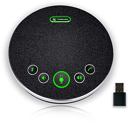 TONGVEO Bluetooth Speakerphone Conference Microphones, Wireless Conference Speaker 360°Voice Pick up with 4 AI Noise Cancellation Mics USB/Dongle/Bluetooth Connection 8 Hour Call Time for 8-12 People