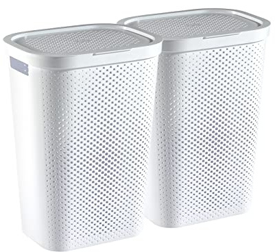 Curver Infinity Dots Wäscheboxen Set – 2×60 L mit Deckel – skandinavisches Design, weiß, belüftet, stapelbar