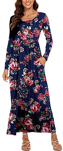 DEARCASE Robe Longue Femme Ample DéContractéE Robe à Manches Longue Fleurie Robes de Plage avec Poches Rose Marine S