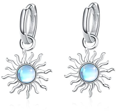 Mondstein Sonne Ohrringe,925 Sterling Silber Mondstein Sonne Creolen Ohrring für Empfindliche Ohren Schmuck Geschenk für Frauen Mädchen (Mondstein Sonnen Creolen)