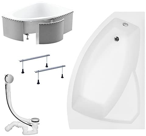 KOLMAN Badewanne RIMA Eckbadewanne 170x110 Rechts mit Styroporverkleidung, Ablaufgarnitur und Füßen Komplettset 4in1 Premium Original Acryl Wanne Siphon