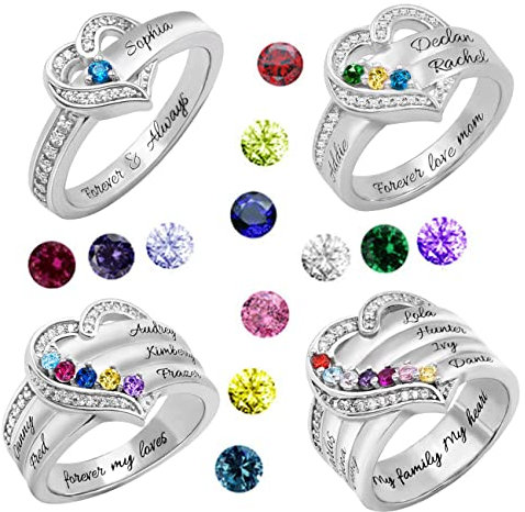 Herz Ring | Geburtsstein | Namensring | Familienring | 1-8 Namen | Personalisierter Schmuck | Personalisiertes Geschenk | Neue Mama Geschenk