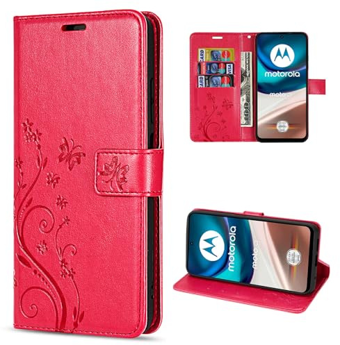 betterfon Hülle Kompatibel mit Motorola Moto G42 | Premium PU Leder Handyhülle Wallet Case für Moto G42 | Schutzhülle Blumen Klapphülle Handyhülle | Rot