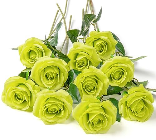 DuHouse 10er Set Künstliche Rosen aus Seidenstoff–54 cm Lange Stiele, Realistische Fake Blumen für Hochzeit, Brautstrauß, Party Tischdekoration & Haus Dekor (hellgrün)
