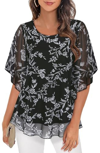 Syphiby Womens Blouses, Plus Size Tops for Women Work Casual Ruffle 3/4 Sleeve Tunic Tops Chiffon Floral Mesh Breathable Basic Shirts to Daily Wear, Black-3XL