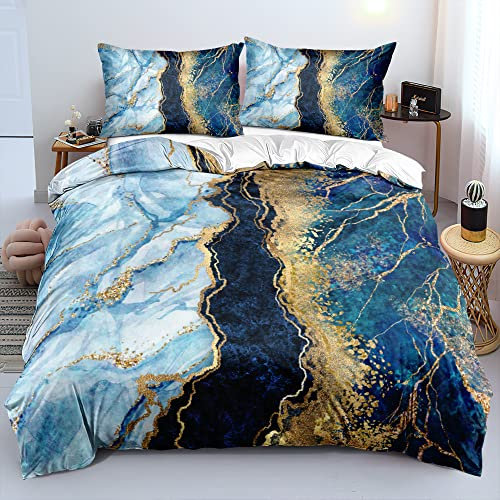 DXHOME Bettwäsche Gold Bettwäsche 135x200 Blau Dunkelblau Weiß Wendebettwäsche Mikrofaser Bettbezüge mit Reißverschluss und 2 Kissenbezüge 80 × 80 cm