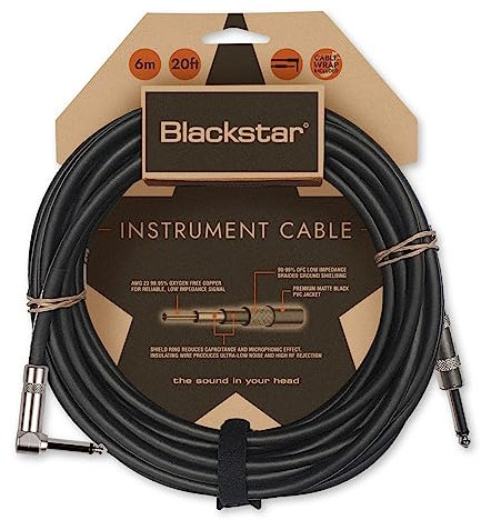 Blackstar Cable de instrumento de 6 m (20 pies) Conector recto de ¼” a conector en ángulo de ¼” para bajo/guitarra eléctrica/electroacústica/teclado/amplificador