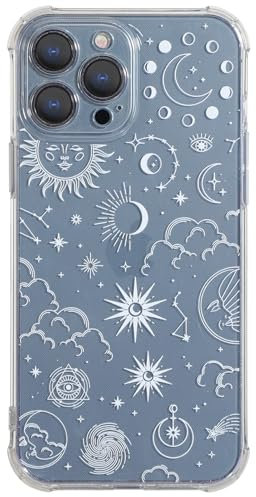 CHEORFAY iPhone 13 Pro Max Case, Clear Transparent Flexible Soft Silicone TPU Bumper Buffer Shockproof Protective Cover with Fantasy Astrology Pattern Design for iPhone 13 Pro Max - Moon Star