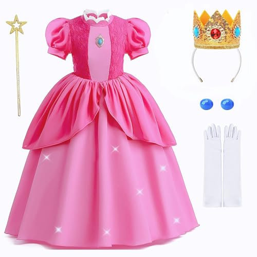 Yigoo Prinzessin Peach Kostüm Showtime Mädchen Kinder Kleider Glanz Karneval Party Halloween Weihnachten Verkleidung Set mit Krone Handschuhe Zauberstab Ohrring 150