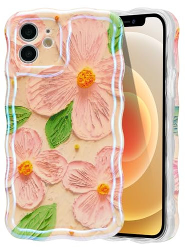 EYZUTAK Case for iPhone 11, Colorful Retro Oil Painting Flower Leaves Laser Glossy Pattern Cute Curly Waves Edge Exquisite Phone Cover Stylish Durable TPU Protective Case for Girls Women - Pink Green