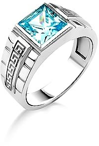 BySilverStone Jewelry Blauer Topas-Gravierter Ring Für Männer Aus Sterlingsilber, Männlicher Versprechensring Mit Quadratischem Blauem Topas, Blauer Steinring, Aquamarin-Stein-Herrenring.