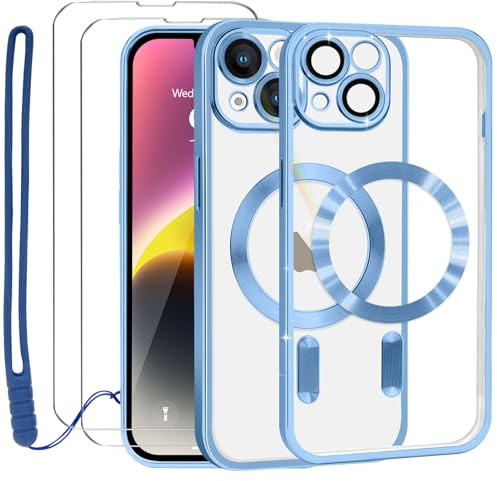 Lafunda Kompatibel mit iPhone 14 Hülle Durchsichtig Blau | Handyhülle Kompatibel mit MagSafe, Kameraschutz und 3 Stück Panzerglas, Transparent Magnetisch Schutzhülle mit Schlüsselband