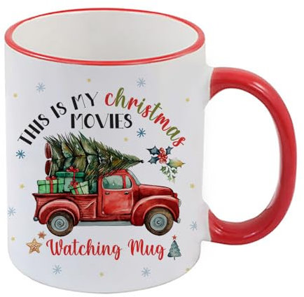 Getagift This is My Christmas Movie Watching Mug, with red Christmas Truck/Christmas Tree, Coloured Rim Coffee, Tea Mug. (Red Rim)