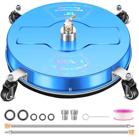 18 Pressure Washer Surface Cleaner with 4 Wheels - Coated Blue Stainless Steel Surface Cleaner for Pressure Washer Attachment for Concrete, Driveway, Patio, Sidewalk, Deck and Driveways - PWS18B