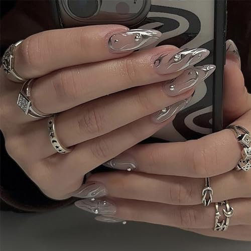 Nayyana 24 pcs Amande Presse Ongles Moyen Faux Ongles Argent Tourbillon Colle sur Ongles Strass Stiletto Acrylique Ongles avec Design Argent Vague D'eau Ongles Comprimés