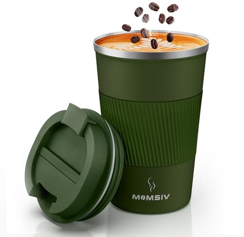 MOMSIV Coffee Cup, Insulated Coffee Cup with Leakproof Lid, Non-Slip Vacuum Reusable Stainless Steel Eco-Friendly Travel Office Mug for Hot and Cold Water Coffee and Tea, 380ml/13oz(ArmyGreen)