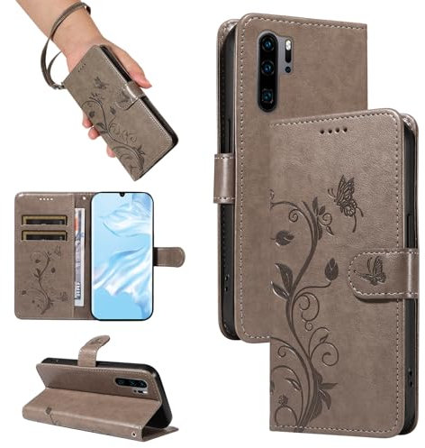 SRISHP Hülle für Huawei P30 Pro Hülle, Premium PU Leder Handyhülle mit Band, Magnet Flip Case für Huawei P30 Pro, Grau
