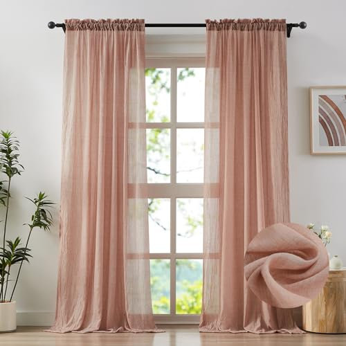 Anpark Lot de 2 Rideaux Transparents élégants Rose pâle de 243,8 cm de Long pour Chambre à Coucher, Salon, Rideaux Semi-Transparents texturés en Coton et Lin filtrant la lumière, voilages naturels