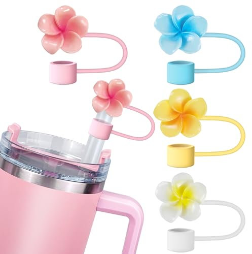 4 Stück Blumen Stanley Strohhalm-Abdeckung für 40/850 ml Becher - Sommer Silikon Kappe, Hawaii Topper Schutz Deckel - Zubehör Kompatibel mit Stanley Cup