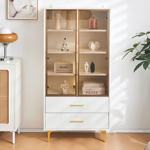 MQLAE Vitrine en verre avec deux portes – Vitrine blanche, pieds dorés, étagères mobiles, vitrine avec lumière LED, armoire haute, vitrine en verre debout, 70 x 35 x 150 cm (A)