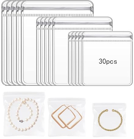 Croshuki 30pcs 3 Sizes Square Clear Jewelry Organizer Earring Ring Necklace Storage Bags Travel, Anti Tarnish Protect Jewelry(Bags only)