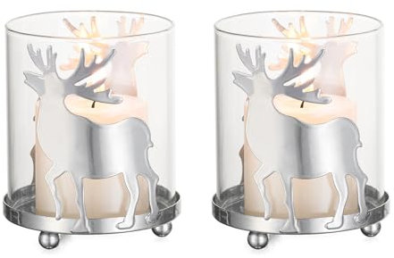 Romadedi Hirsch Windlicht Weihnachten Silber: 2er Set Rentier Geweih Kerzenhalter Kerzenständer Windlichter Teelichthalter für Weihnachtsdeko Tischdeko Fenster Geschenke Vintage Wohnzimmer Tisch
