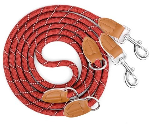 PETCOOZ Training Lead for Dogs, 3M Adjustable Double Ended Dog Lead for Medium Large Dogs, Professional Reflective Stop Pulling Control Leash, Hands Free Dog Leads for Running Walking, Deep Red