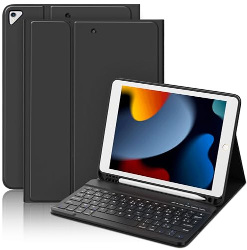 MMK Clavier Coque pour iPad 10.2 9/8/7ème Génération 2021/2020/2019 | Détachable Clavier Bluetooth sans Fil pour iPad 10.5 inch Pro 2017/2019 Air 3, AZERTY Français, Noir
