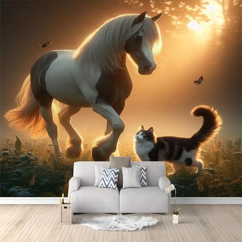 Papier Peint Cheval Blanc Imprimé Animalier Chat Animalier Panoramique Peinture Murale Interieur pour Salon Chambre à Coucher D'Enfant Maison Décoration Murale 200x140 cm