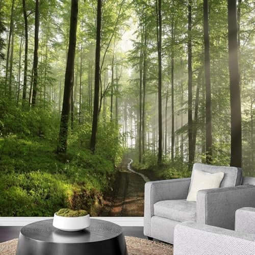 GIVLWF Green Forest Wall Mural Wallpaper, Natural Woodland Wall Mural Wallpaper, Sunshine Murals Wall Art, Nature Photography Canvas Mural for Bedroom Wall Decor - 350x256 cm
