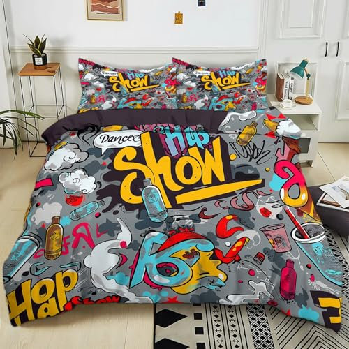 Generisch Bettbezug 200x200 cm Hip-Hop-Graffiti-Kunst Bettbezug Bettwäsche-Set für Jungen Mädchen Kinder Weiche Polyester-Baumwolle Wende Bettwäsche mit 2 Kissenbezug