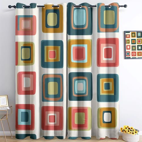 Blickdichte Verdunkelungsvorhänge im Vintage Stil mit Geometrischem Quadrat Muster, B150 x H166 cm, Retro Vorhänge mit Ösen für Schlafzimmer, Lichtundurchlässig & Schallreduzierend