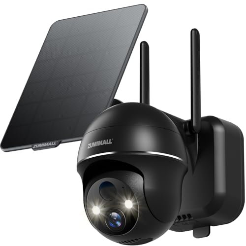 ZUMIMALL 2K Solar Überwachungskamera Aussen, 355°/120° PTZ Kamera Outdoor, PIR Bewegungsdetektion, Farbige Nachtsicht, 2,4GHz WLAN, 2-Wege-Audio, IP66 (Schwarz)