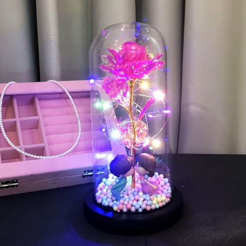 Fespcj Veilleuse LED Abat-jour Verre Fleur Eternelle Rose Rose Rouge Amoureux Chambre Coucher Salon Bureau Maison Pendaison Crémaillère Cadeau Interrupteur Contrôlable Utilisation Long Terme Economie