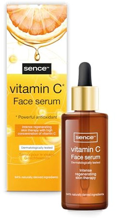 Sence Vitamin C Face Glow Serum, Kosmetik Gesichtspflege für Damen und Herren für einen helleren Teint und mit UV Schutz Wirkung, Vegan Beauty Skincare (1 x 30ml)